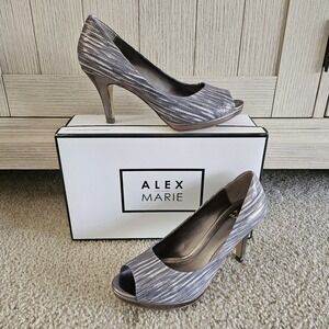 Alex Marie Cashmere Silver Stripe Peep Toe Leather Upper Platform Heels Size 7.5